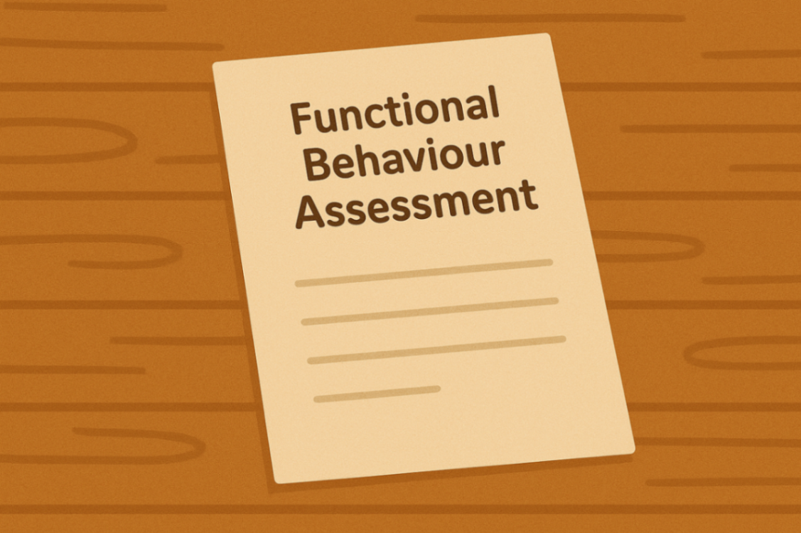 Close-up of a document titled “Functional Behaviour Assessment” on a kitchen counter