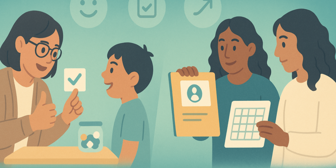 Behaviour support practitioner reviewing a family support plan with a parent and icons-only calendar — coordination and planning.