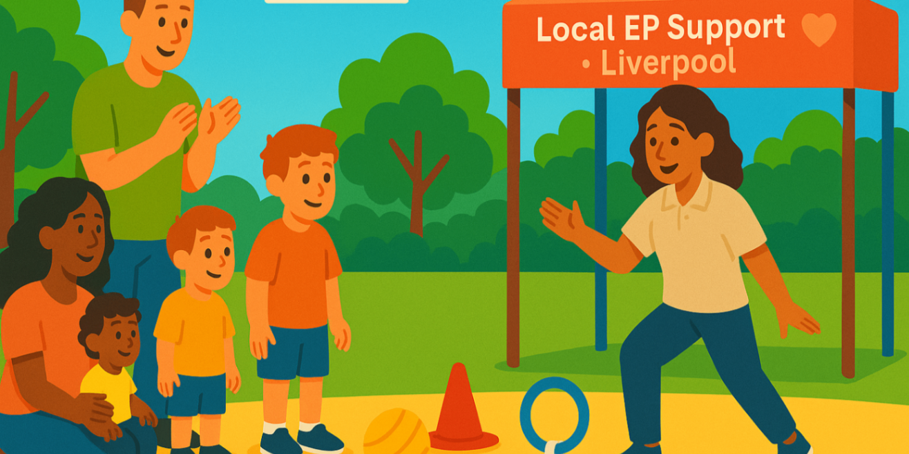Outdoor community workshop with physiologist demonstrating adaptive play activities to parents and children — local EP support Liverpool.