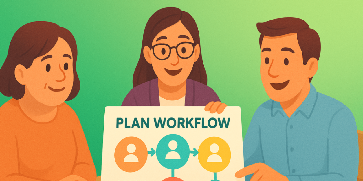 "Parent, plan manager and therapist pointing at a bright flowchart poster showing Apply → Track → Pay → Review — collaborative planning.