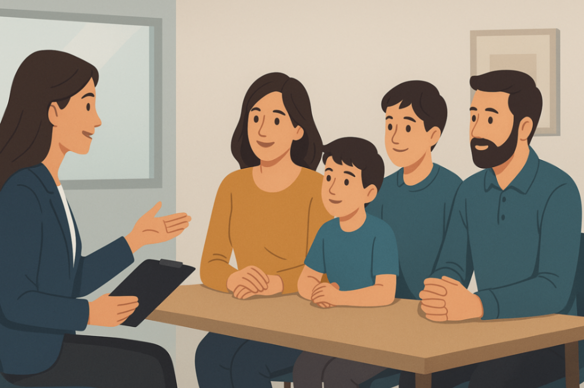 Side view of a positive behaviour support therapist on the left discussing NDIS funding for autism eligibility with a family of four seated around a table.