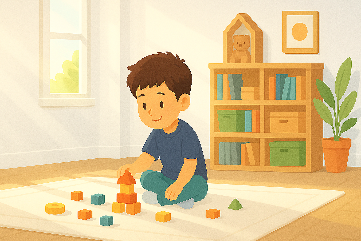 Young child with autism playing with blocks as part of a behavioural therapy activity focused on developing social and cognitive skills.