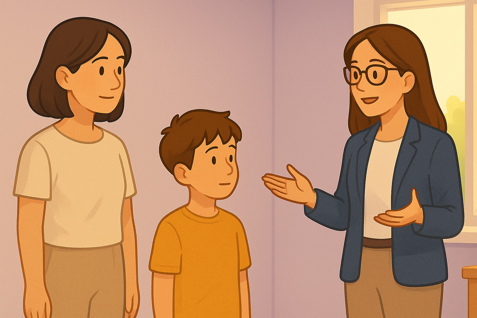 Child therapist conducting an initial consultation with a parent to discuss therapy goals.