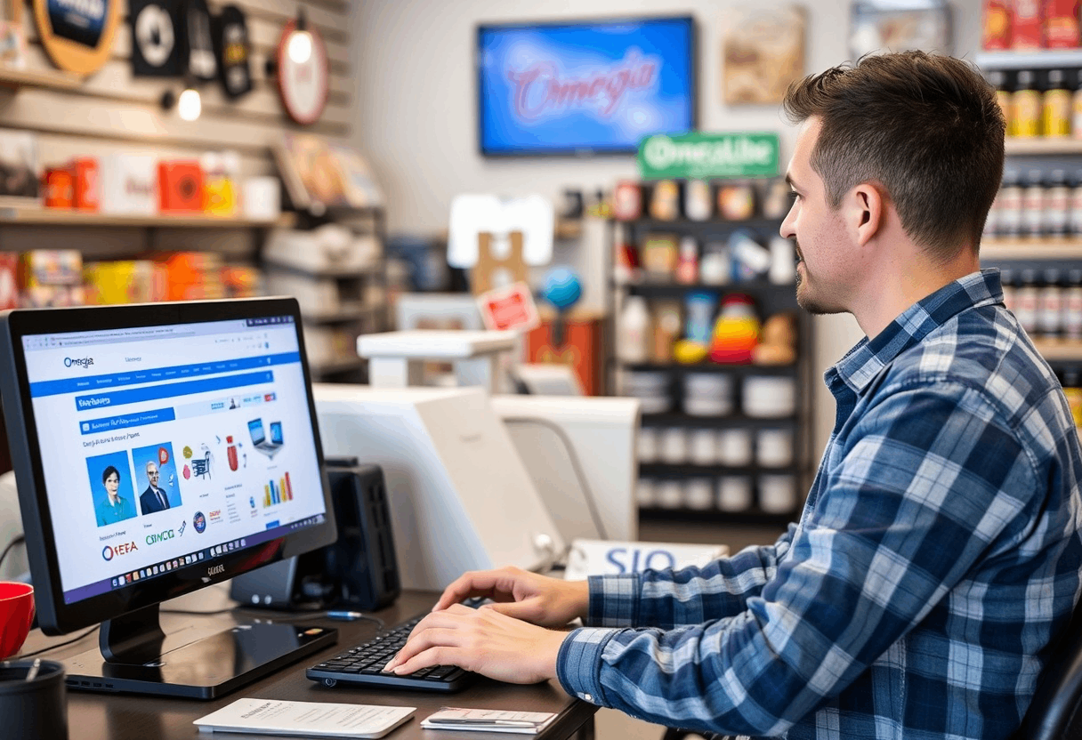 a man is working on a computer in a store