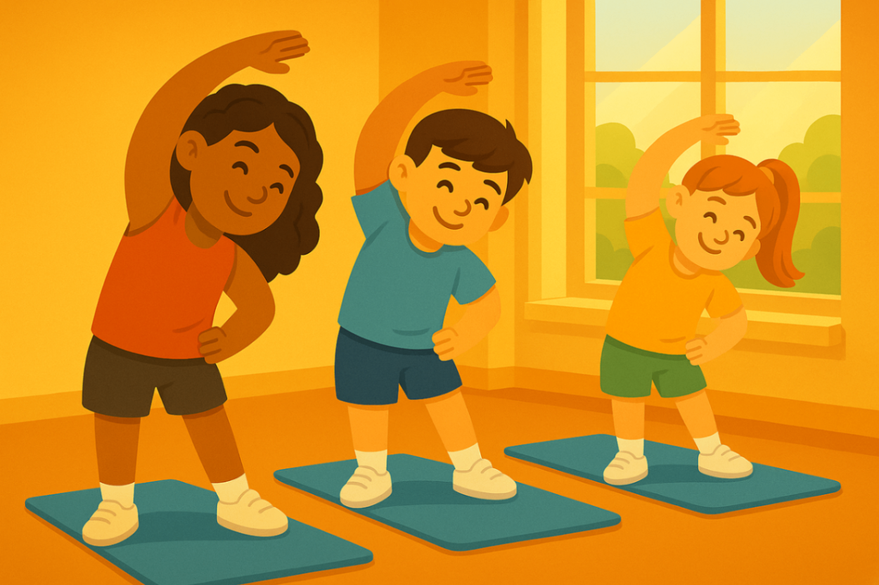 	A group of children with autism participating in a structured NDIS-supported group exercise session.