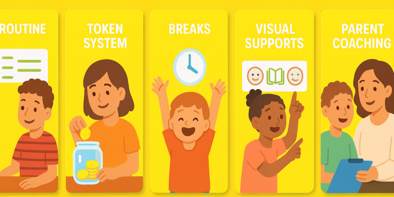 Five-tile infographic of ADHD behaviour strategies: routine, token system, breaks, visual supports, parent coaching.