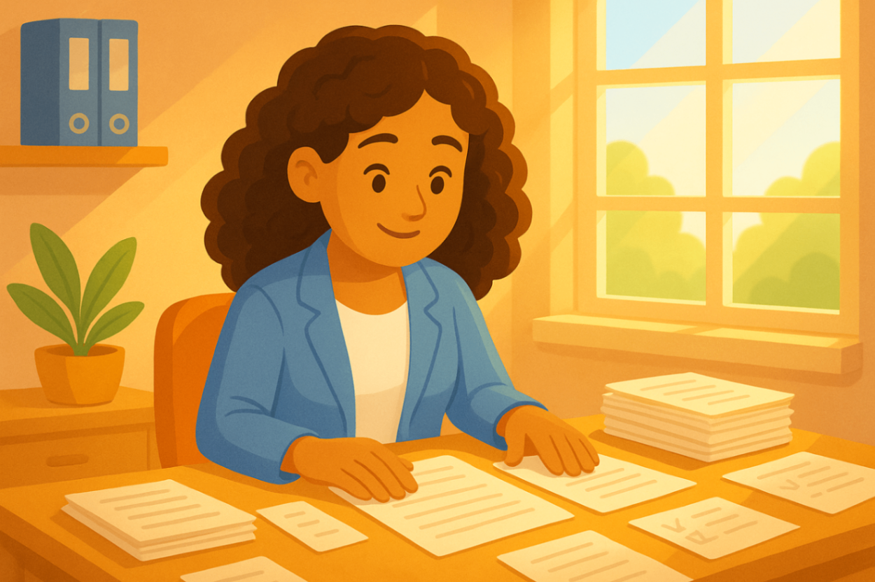 A woman at her desk managing multiple paperwork documents, representing the complexity of NDIS plan coordination.