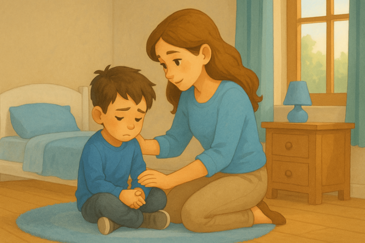 A young child quietly hugs a teddy bear in his bedroom, reflecting self-soothing behaviour and emotional vulnerability common in children with NDIS-supported needs.