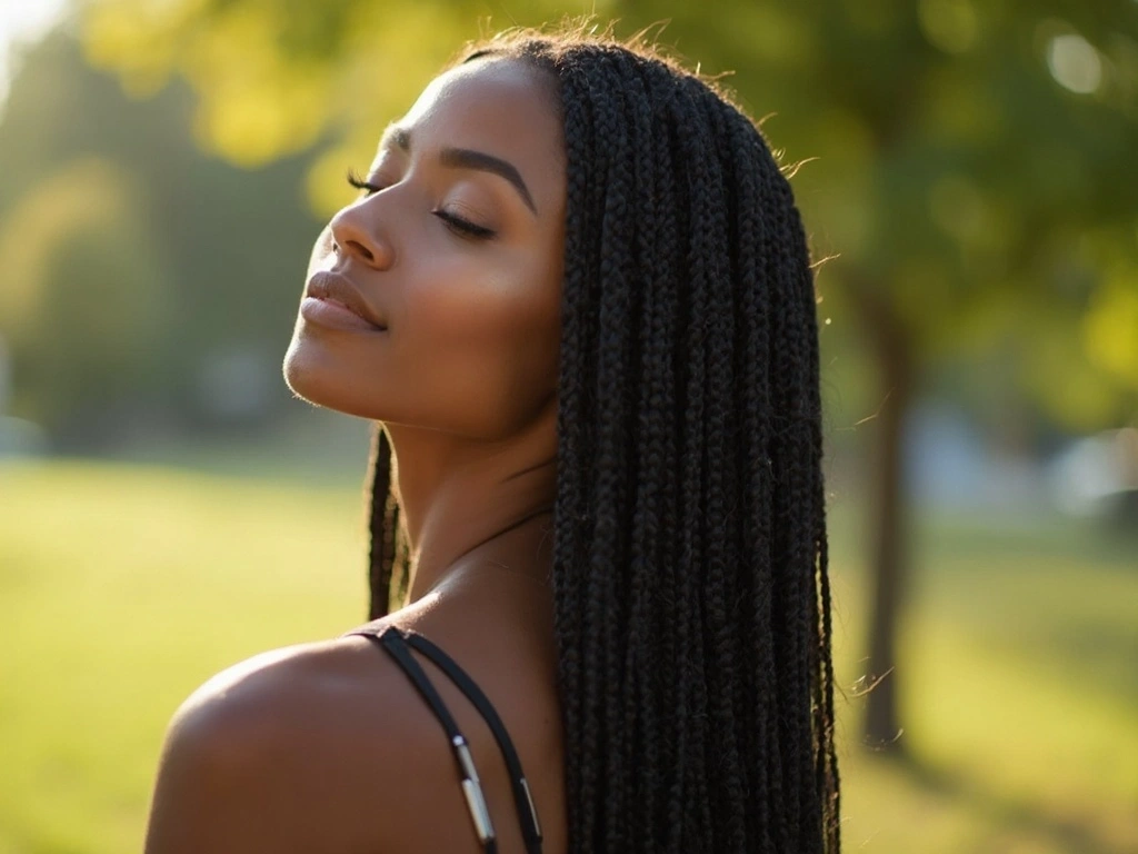 African American woman with Sincerely4U cornrow braid human hair wig and natural matte complexion.