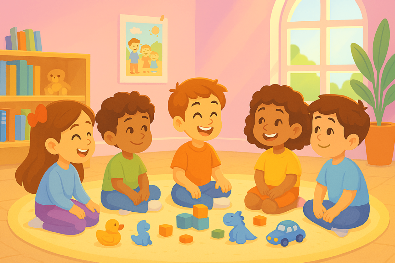 Five children in an NDIS-supported autism therapy group session communicating in a child-friendly room.