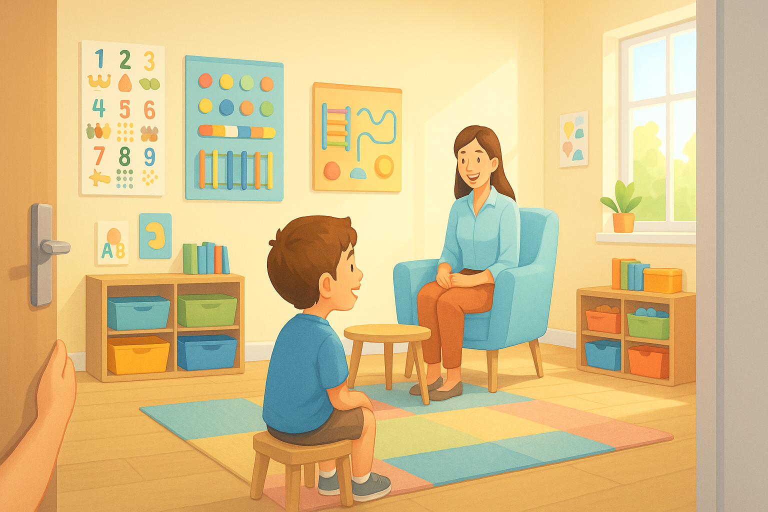 Entering a therapy room for specialised Positive Behaviour Support, showing a sensory wall, engaging posters, and a supportive therapist for children.