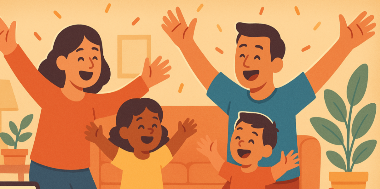 Family (parents and child) celebrating a child’s exercise physiology milestone at home with high-fives; a tablet nearby displays a progress badge — joyful family celebration.