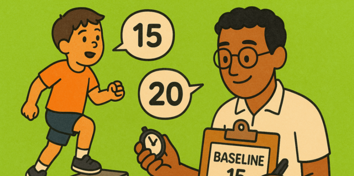 Exercise physiologist guiding a child through a play-based circuit (balance step, therapy ball, cones) as a parent cheers — paediatric EP session