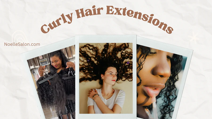 A collage of three women with curly hair with hair extensions
