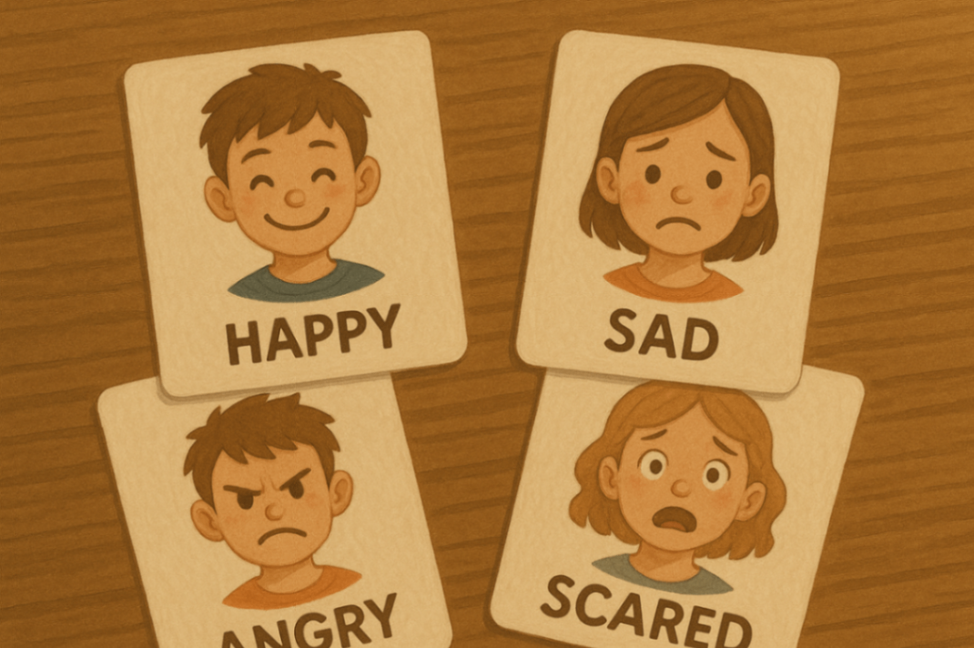 Set of colourful emotion cards used in a functional behaviour assessment to help children express their feelings