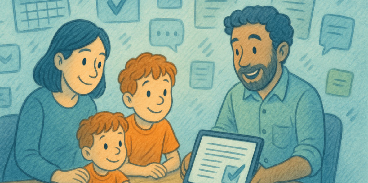 A family meeting with a plan manager who explains NDIS plan details on a laptop, with icons of charts and checklists floating around