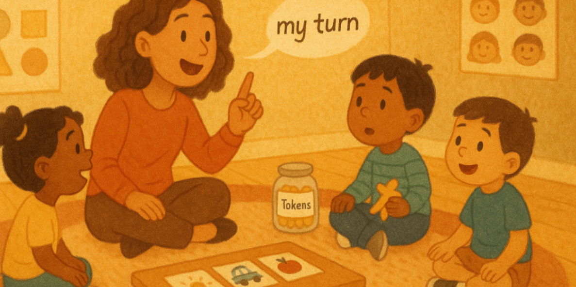 Therapist leading a small group in turn-taking and movement games with visual supports and a token jar.