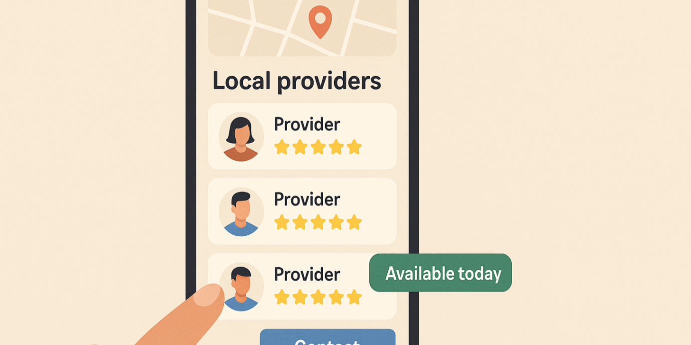 Mobile screen showing local plan manager profile cards with ratings and an ‘Available today’ badge.