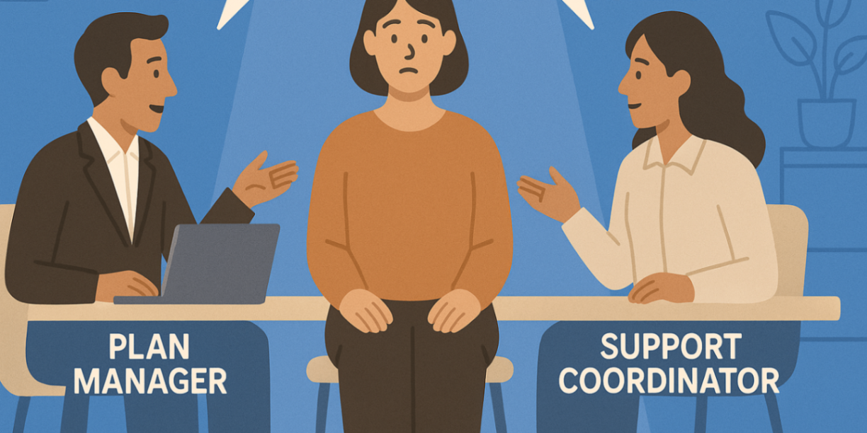 Parent seated between a plan manager and a support coordinator discussing options — choosing between NDIS plan management and support coordination.