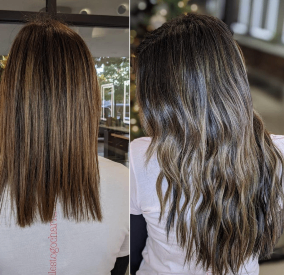 Before and after photos of hair transformation at Noelle Salon.