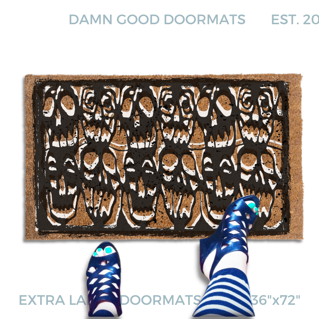Gen X Halloween doormat with skulls stencil from 1985 cult film Desperately Seeking Susan on an outdoor doormat. Pictured with a woman's feet in strappy sandals and striped leggings