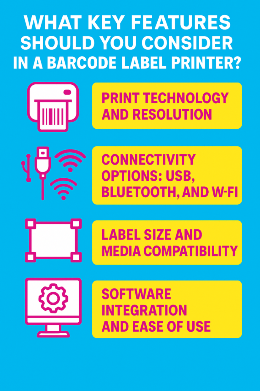 Infographic showcasing key features of a perfect barcode label printer