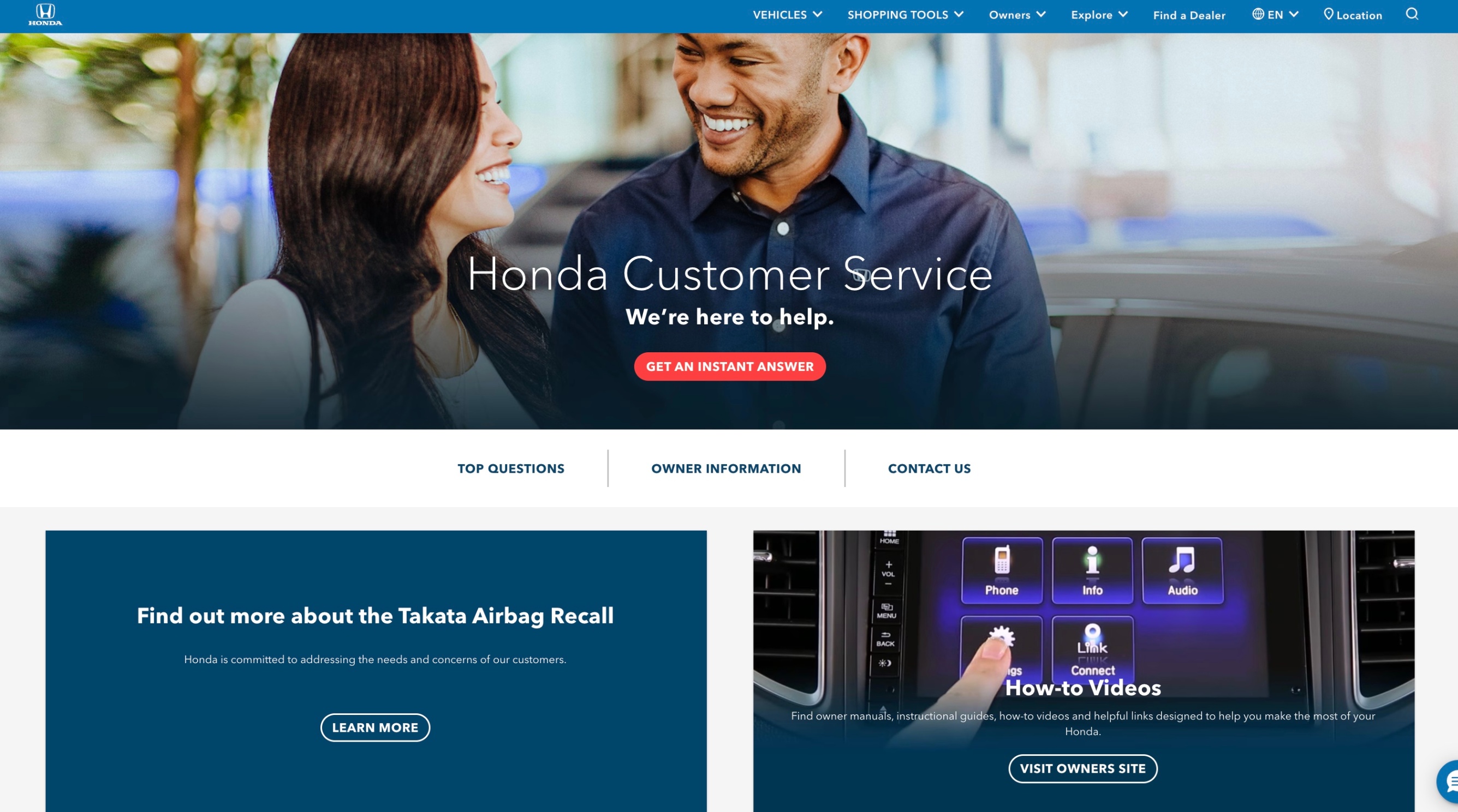 Screenshot of Honda customer service