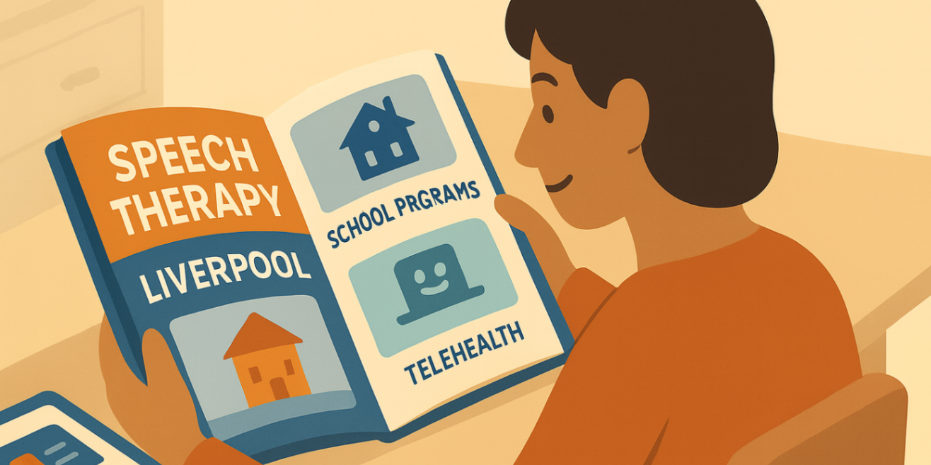 Parent reading a 'Speech Therapy — Liverpool' guidebook at home with a tablet showing local provider cards