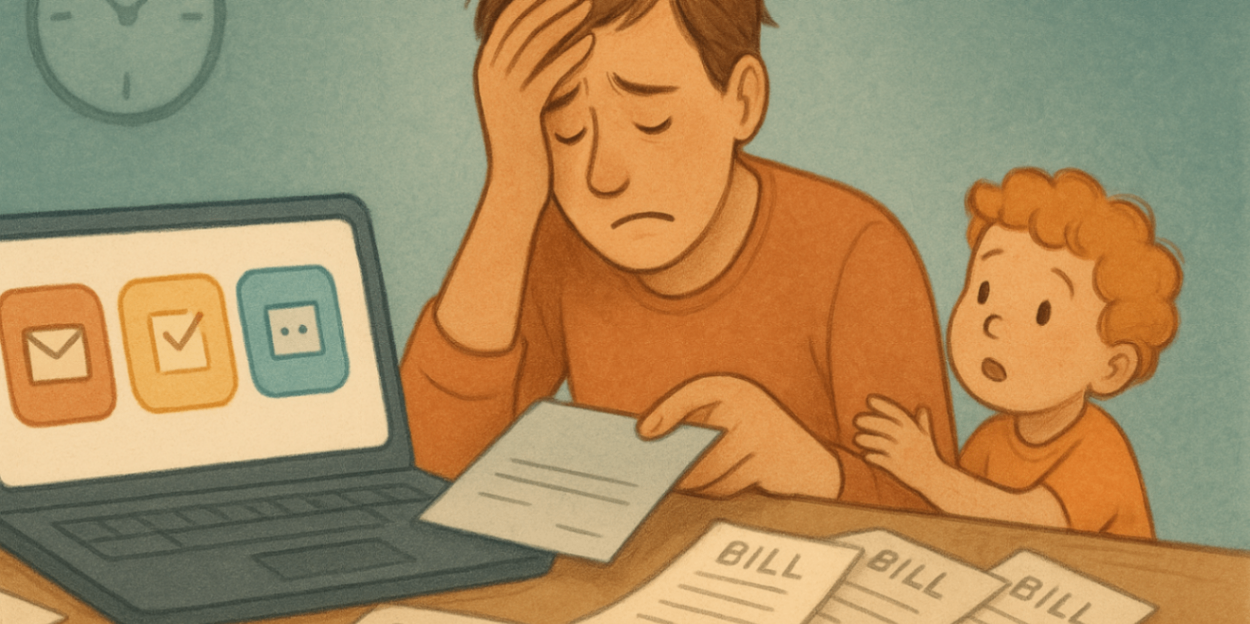 Parent overwhelmed at home amid bills, scattered papers and a laptop showing growing task icons while a child tugs for attention — household administrative stress.