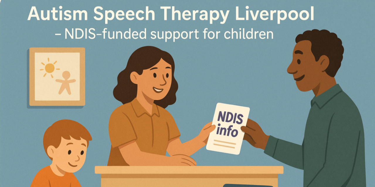 Speech pathologist at a child-friendly Liverpool clinic handing an NDIS information leaflet to a smiling parent while a child plays with picture cards — NDIS-funded speech therapy in Liverpool.