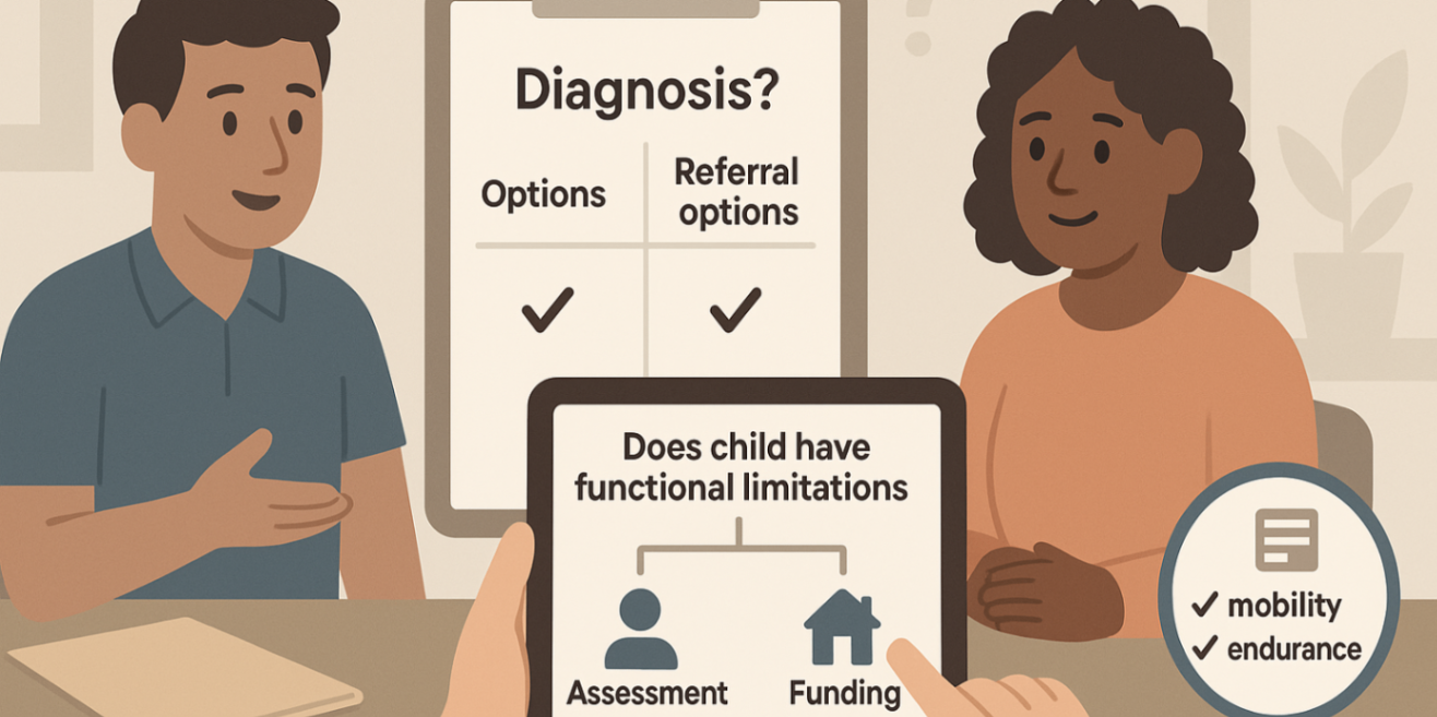Exercise physiologist consulting a parent with a checklist comparing diagnosis, referral and funding options — do you need a diagnosis?