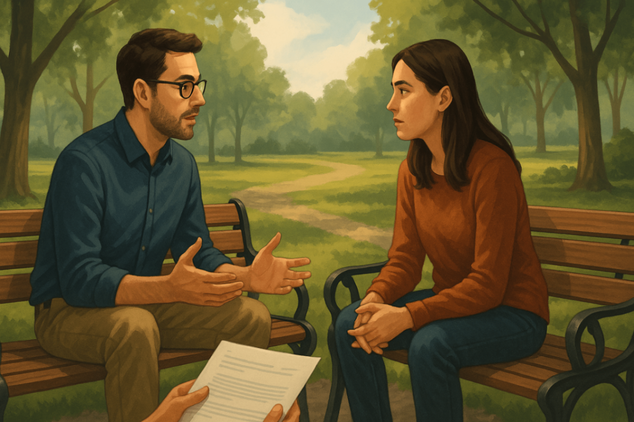 Two adults sitting on a park bench discussing a child’s mental health support options, including NDIS behaviour therapy and counselling.