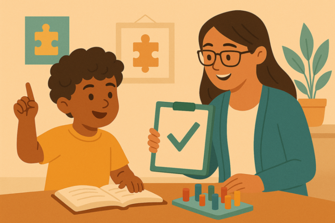 Smiling child and therapist celebrating progress with a checklist note in a behavioural therapy session.