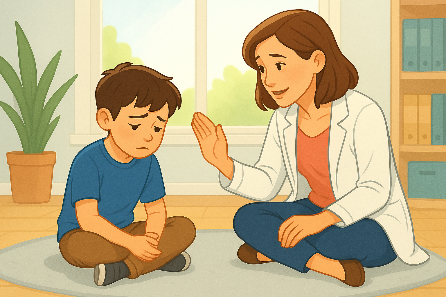 Behavioural therapist gently supporting a child while sitting with them on the floor, offering emotional reassurance during a therapy session under NDIS care.