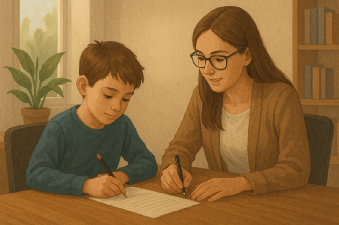 Therapist and child working together during a functional behaviour assessment, completing behaviour tracking worksheets