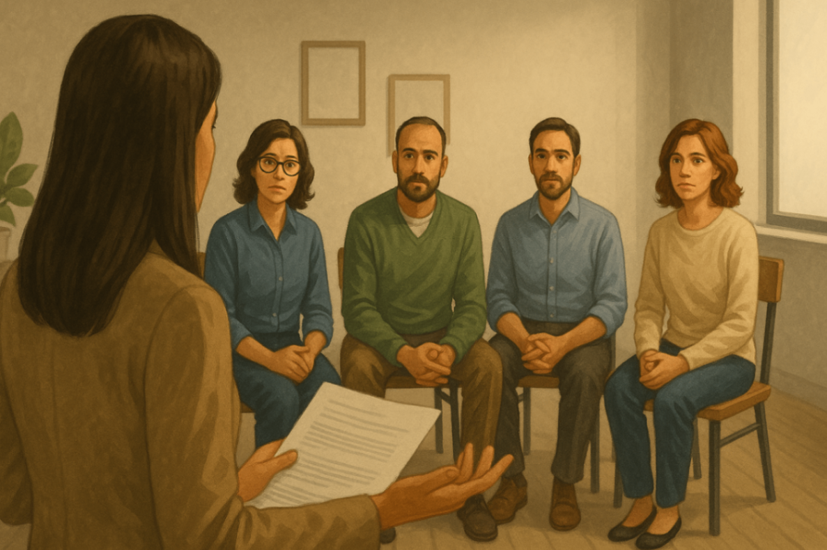 Therapist holding case notes while consulting with a multidisciplinary therapy team, planning support strategies under the NDIS.