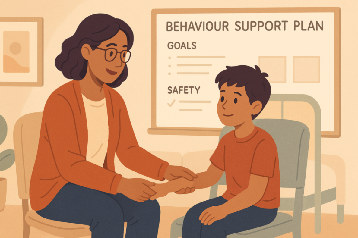 Behaviour support practitioner engaging with a child in a structured, supportive home or clinic setting. A whiteboard in the background shows a behaviour support plan with goals and safety. Visual cues convey positive, non-restrictive practices aligned with NDIS values