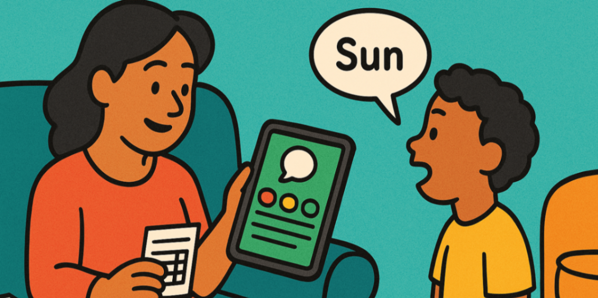 Parent on couch using a bright speech-practice app while glancing at a paper log as their child repeats target words — home speech practice