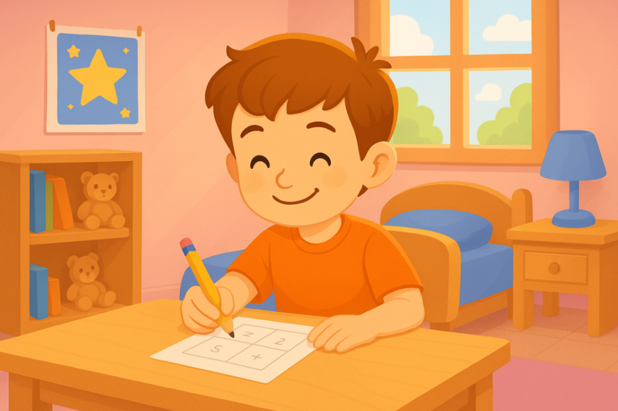 A child with autism writing during an individual NDIS support session, focusing on communication skills.