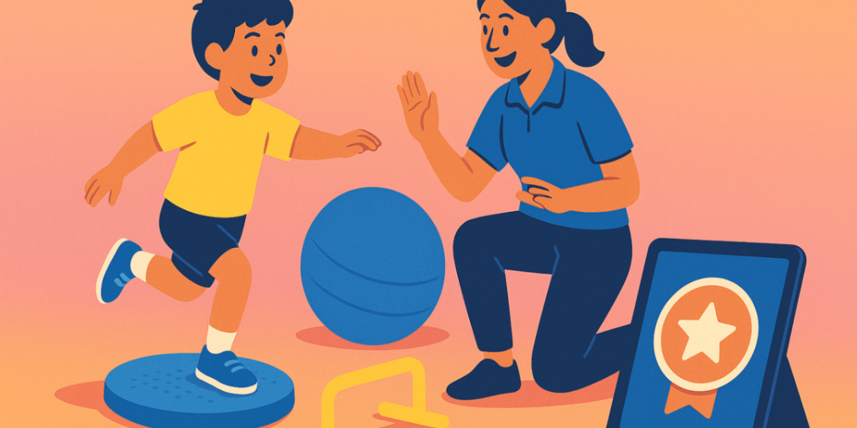Child completing a playful therapy circuit of balance and hurdles with physiologist guidance — building strength and confidence