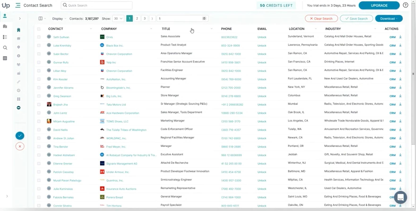 UpLead contact search dashboard displaying verified leads list with company, title, phone, unlock email, filters and credits indicator