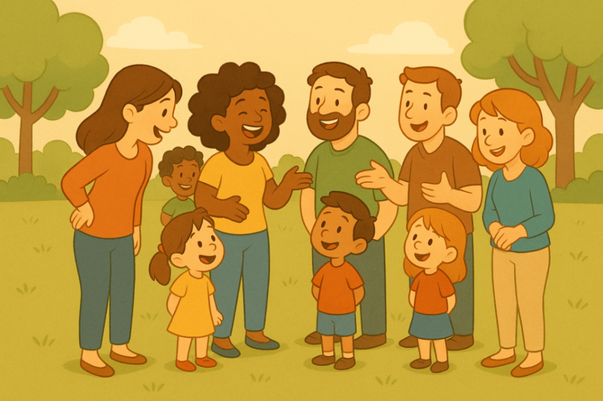 Families and children engaging in friendly conversation within a Liverpool community setting, representing inclusive communication and the broader impact of speech therapy.