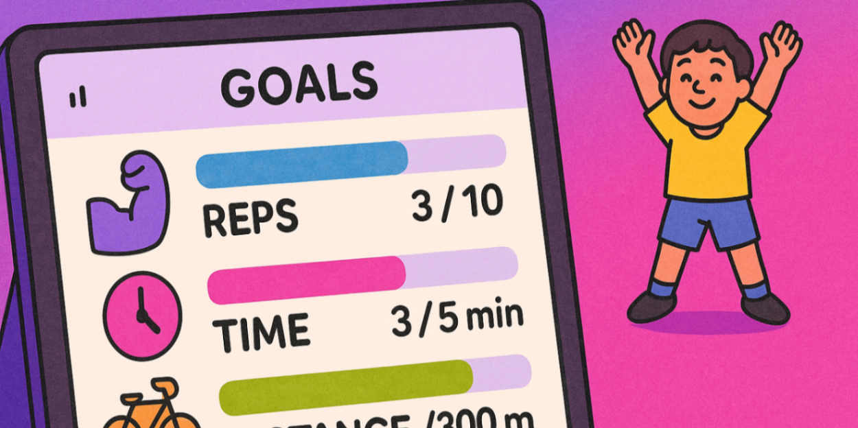Tablet showing kid-friendly EP tracker with progress bars for reps, time, distance.