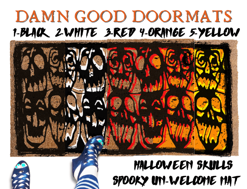 Gen X Halloween doormat with red and black skulls stencil from 1985 cult film Desperately Seeking Susan on an outdoor doormat. Pictured with a french bulldog looking up at a woman in Madonna style strappy 80's heels and striped tights