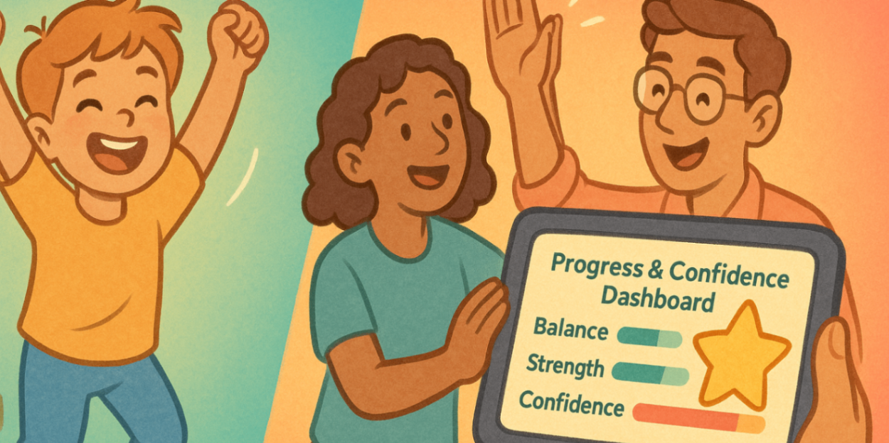 Child beams after completing a task while a tablet dashboard shows progress bars and a star badge; clinician and parent celebrate — measurable EP gains.
