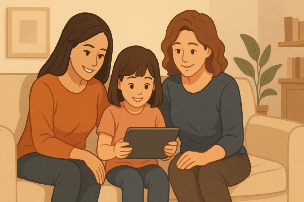  Parents supporting child in telehealth behavioural therapy on tablet.
