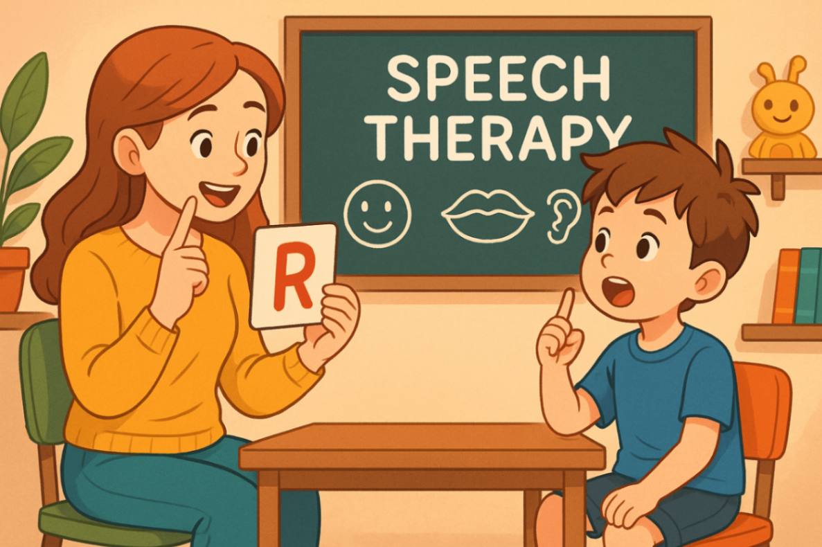 Parent and child practising speech therapy exercises together at home