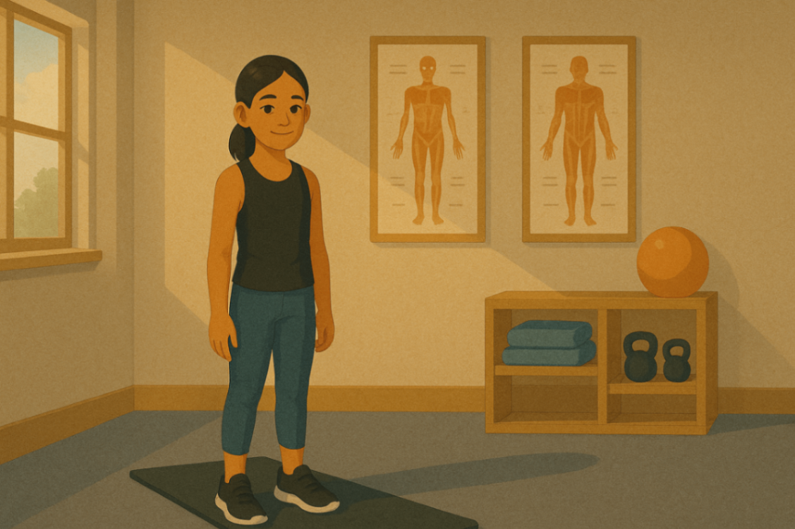 Child standing on a yoga mat in a school gym, ready for an exercise physiology session.