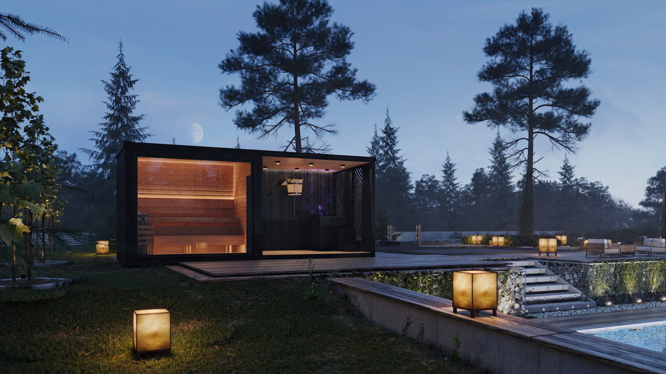 Modern outdoor sauna house with large panoramic glass windows, illuminated in the evening near a swimming pool and surrounded by trees.