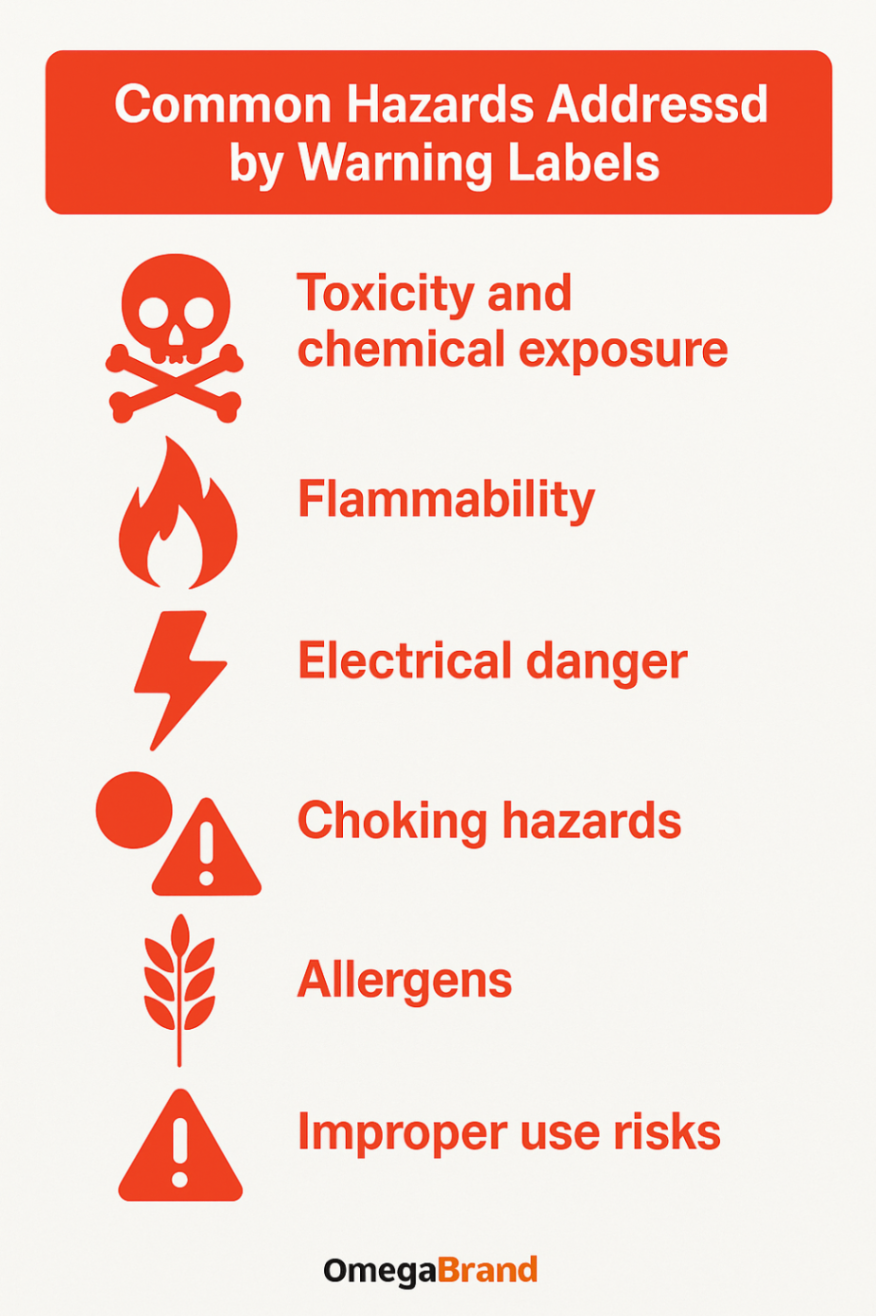 Infographic showcasing common hazards addressed by warning labels